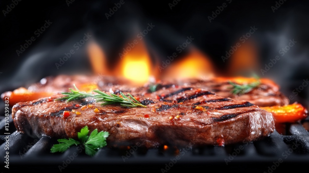 Sizzling steak grilling action backyard bbq food photography evening setting close-up view culinary delight