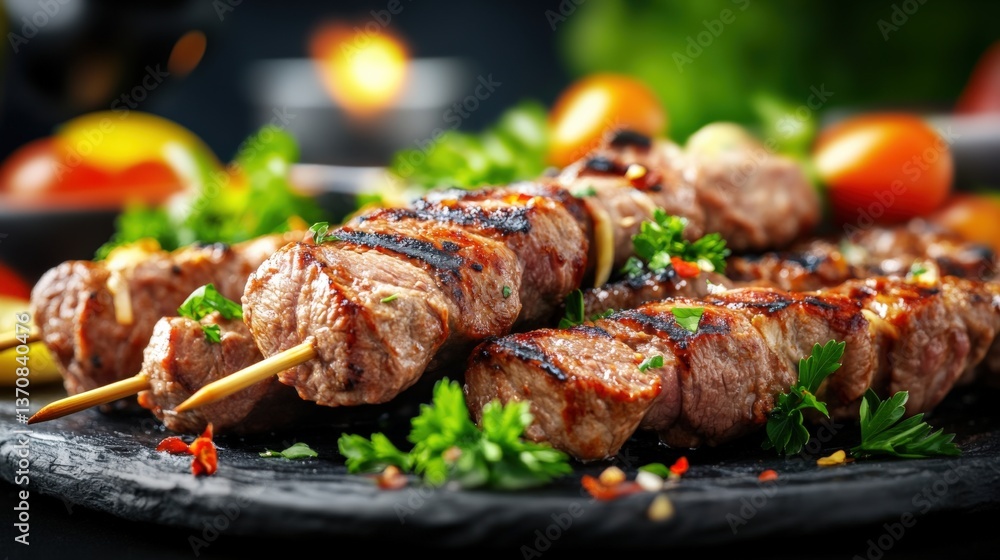 Grilling delicious beef kebabs at a backyard barbecue outdoor gathering food photography summer vibes close-up shot culinary delight Grilling delicious beef kebabs at a backyard barbecue outdoor gathering food photography summer vibes close-up shot culinary delight