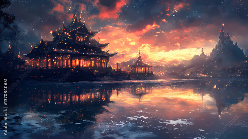 Obraz premium Ornate asian temple reflects in a partially frozen lake under a dusky illuminated sky creating a serene and colorful nighttime vista. Dusky Reflection. Illustration
