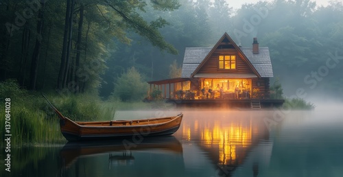 Cozy Cabin Illuminated at Dusk by the Lake With a Boat in the Foreground