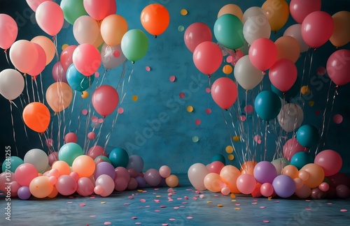 Colorful Balloons Display Against a Blue Backdrop Creating a Festive Atmosphe...