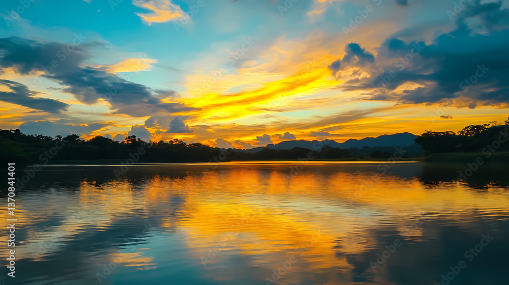 Fototapeta premium Vibrant sunset reflection over tranquil lake water surrounded lush greenery captivating cloud patterns, colors, evening, sky, serene, landscape, dusky. Dusky Reflection. Illustration