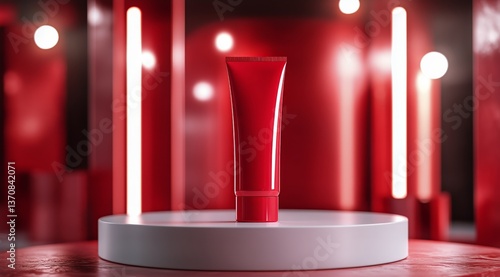 Red Cosmetic Tube Displayed on a White Pedestal in a Blurred Modern Setting W...