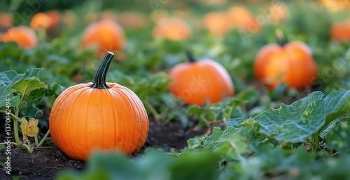 Pumpkin Harvest in a Vibrant Field During Autumn Season With Green Leaves and...