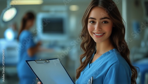 Smiling Healthcare Professional in Scrubs at a Medical Facility During Daytime