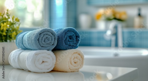 Soft Towels Neatly Arranged in a Bright Bathroom Setting With Pastel Decor an...