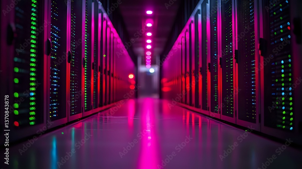 Fototapeta premium Futuristic data center corridor with neon pink and purple lighting, rows of server racks, and glowing LED indicators creating dramatic perspective and reflective floor surface.