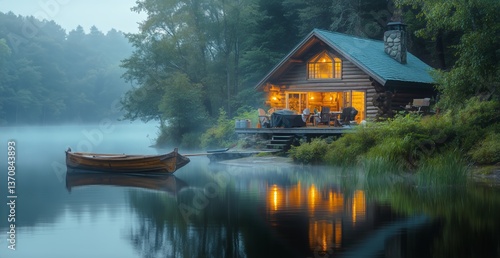 Cozy Cabin Illuminated at Dusk by the Lake With a Boat in the Foreground