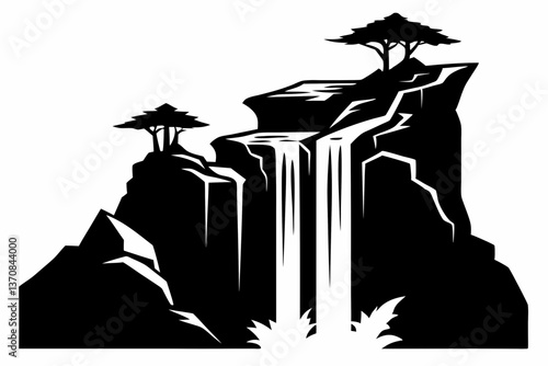 waterfall cascades water tumbling silhouette line art vector illustration