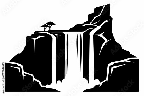 waterfall cascades water tumbling silhouette line art vector illustration
