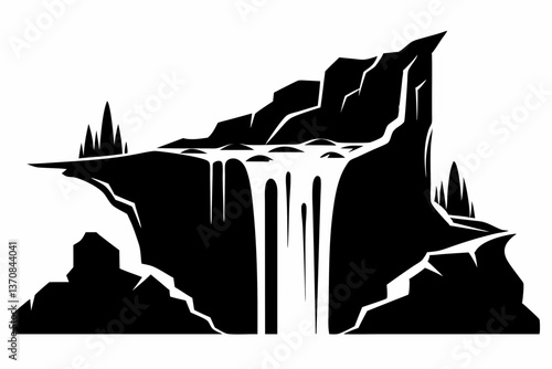 waterfall cascades water tumbling silhouette line art vector illustration