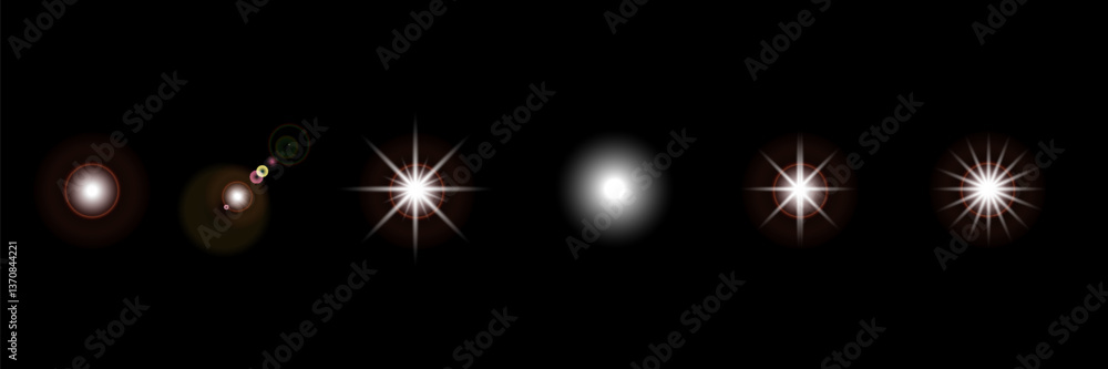 Fototapeta premium Glowing light bursts with sparkles. Glow light effect set, lens flare, explosion, glitter, line, sun flash, spark and star. Abstract image of lighting flare and white stars.