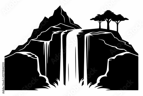 waterfall cascades water tumbling silhouette line art vector illustration