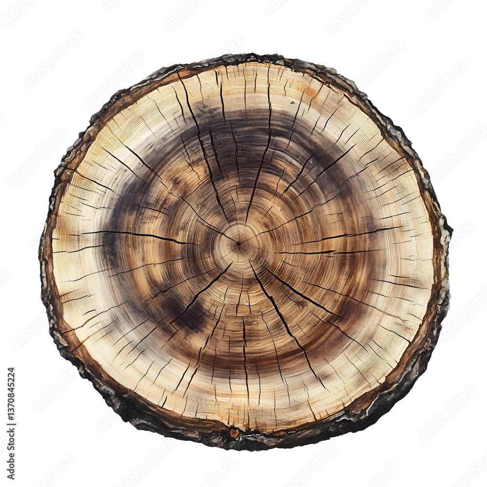 Fototapeta premium Stunning Cross-Section of Tree Trunk Nature's Abstract Art in Warm Tones, isolated on transparent Background