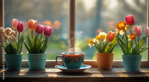 Fresh Flowers and Steaming Cup on a Sunny Windowsill in Springtime