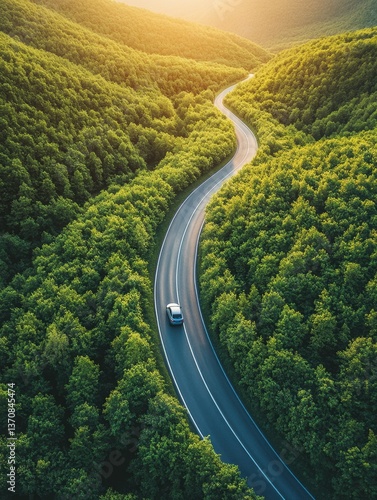 Aerial view of a car driving on a winding road through lush green forest at sunset in a scenic landscape