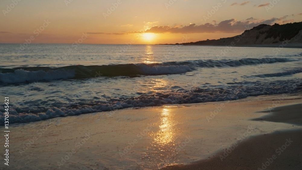 Obraz premium The twilight atmosphere on the stretch of sandy beach and the calm crashing waves of the sea.