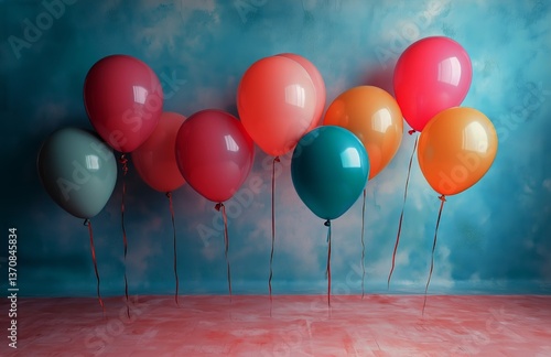 Colorful Balloons Display Against a Blue Backdrop Creating a Festive Atmosphe...