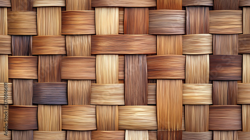 Beautiful background from light geometrical square woven natural wooden strips pattern or wickerwork polirattan texture background. Woven Light. Illustration