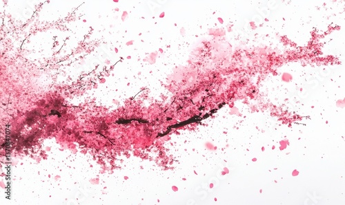 Pink cherry blossom branch with falling petals on white, spring theme