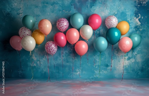 Colorful Balloons Display Against a Blue Backdrop Creating a Festive Atmosphe...