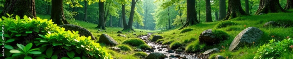 Green shrubs in a natural landscape with trees and rocks, wood, forest Green shrubs in a natural landscape with trees and rocks, wood, forest