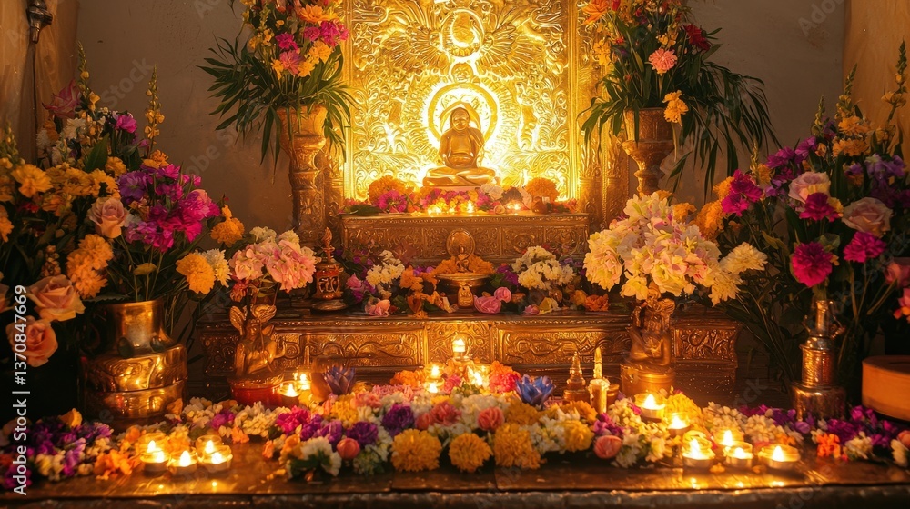 Obraz premium Golden statue altar with vibrant flowers and lit candles in warm serene glow