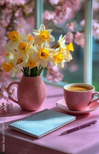 Cozy Workspace With Flowers, Notebook, and Coffee During Morning Hours