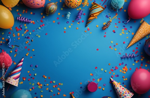 Colorful Celebration Decorations on a Bright Blue Background for a Festive Party