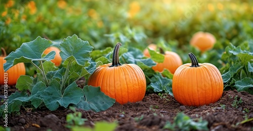 Pumpkin Harvest in a Vibrant Field During Autumn Season With Green Leaves and...