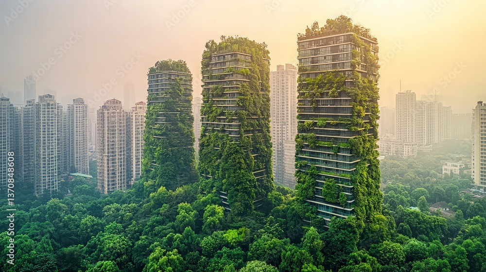 Obraz premium Green Skyscrapers Cityscape Sunrise