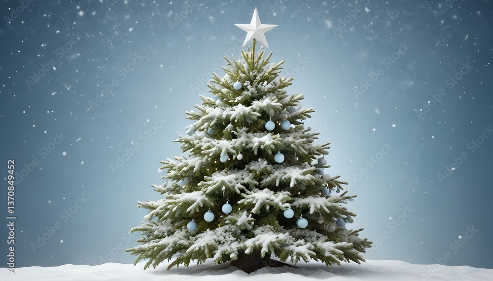 A festive Christmas scene features a lush, green Christmas tree adorned with snow, topped with a bright white star, set against a textured, light blue background with falling snow, and a white surface A festive Christmas scene features a lush, green Christmas tree adorned with snow, topped with a bright white star, set against a textured, light blue background with falling snow, and a white surface