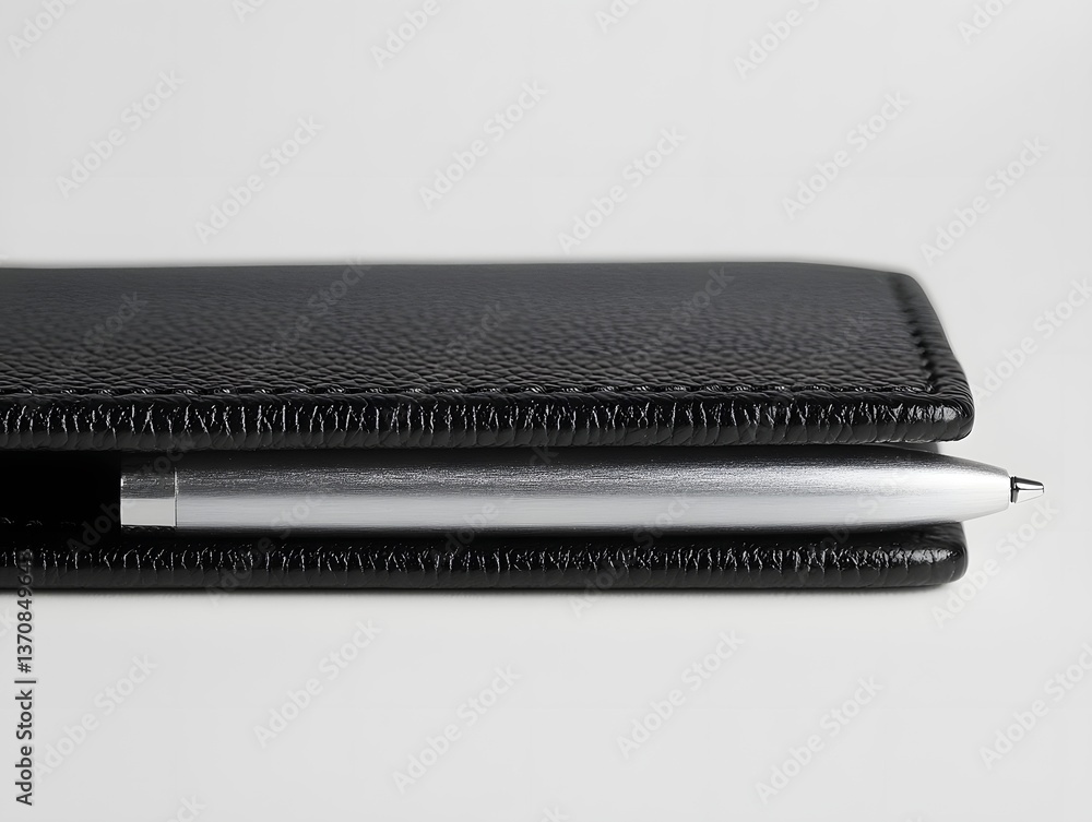 Classic Black Leather Notebook with Silver Pen on White Background Classic Black Leather Notebook with Silver Pen on White Background