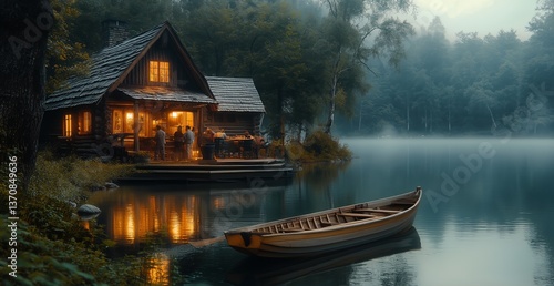 Cozy Cabin Illuminated at Dusk by the Lake With a Boat in the Foreground