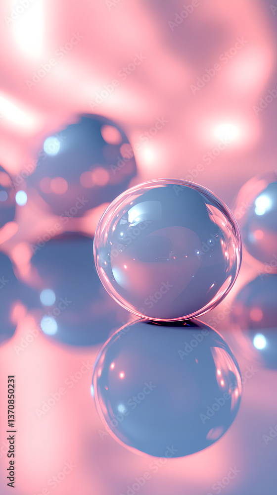 Glossy Glass Spheres on Pink and Blue Reflective Surface with Abstract Lighting and Bokeh Effect
Glossy Glass Spheres on Pink and Blue Reflective Surface with Abstract Lighting and Bokeh Effect