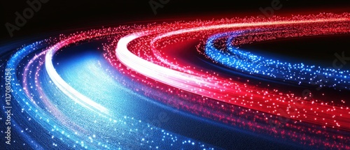 Abstract fiber optic light trails in vibrant red blue and white colors on dark background for technology concept