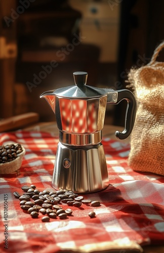 Coffee Preparation in a Rustic Kitchen With Beans and a Stove-Top Pot at Morning Light