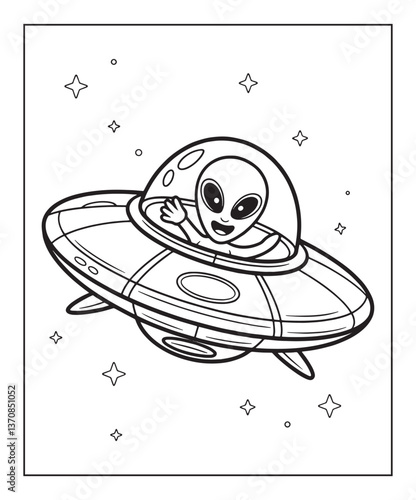 Cute alien coloring page for kids, black line art vector illustration on white background