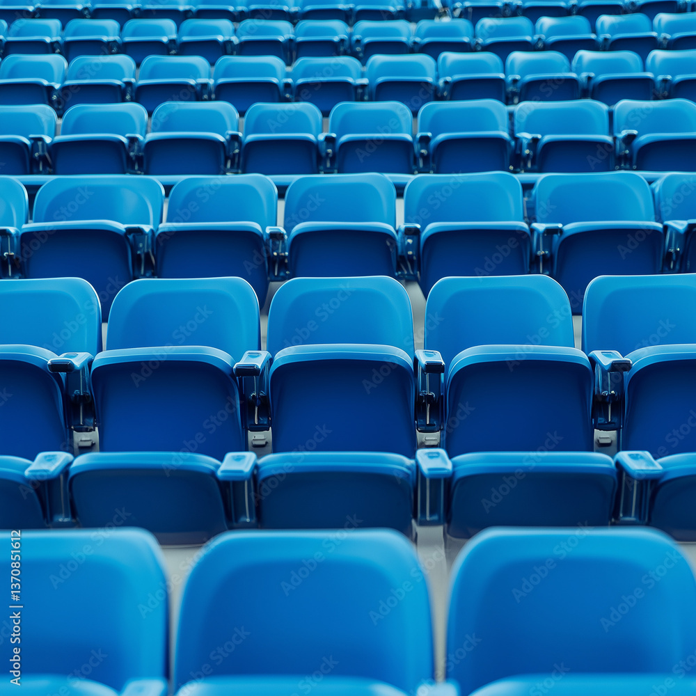 Naklejka premium Blue seats in an outdoor stadium, rows of seats, advertising photography