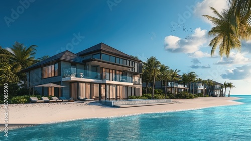 Luxury Beachfront Villa: An opulent beachfront villa is captured, boasting contemporary architecture, crystal clear water, and a tropical oasis environment. 