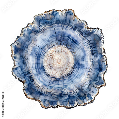 Stunning Blue Watercolor Tree Ring Cross Section Art Print, isolated on transparent Background