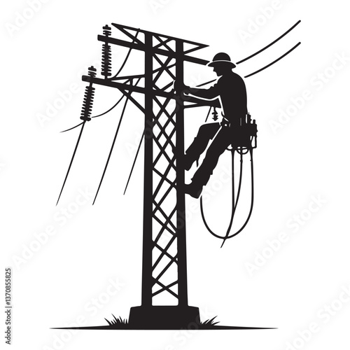 Silhouette electrician vector working high voltage transmission power lines