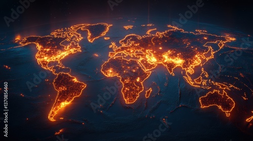 Global Illumination: Captivating view of earth displaying a fiery glowing map, which can represent the world's power and interconnection in a digital age