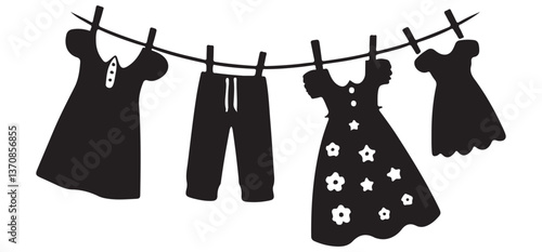 Clothesline Silhouette Vector Illustration of Hanging Apparel for Laundry