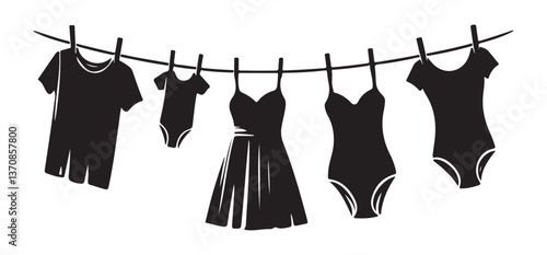 Silhouette Various Garments Hanging on a Clothesline Vector Illustration