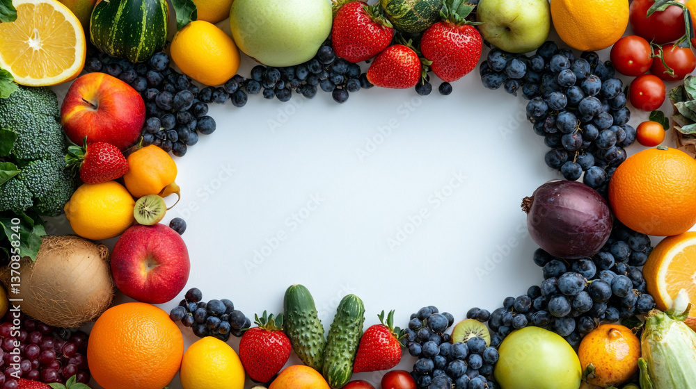 An assortment of fresh fruits and vegetables arranged in a frame on a white surface top down view An assortment of fresh fruits and vegetables arranged in a frame on a white surface top down view