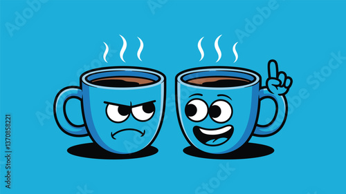Coffee Cups' Emotions: A dynamic illustration of two coffee cups with contrasting expressions, one frowning and the other displaying a cheerful idea, set against a bright blue backdrop. 