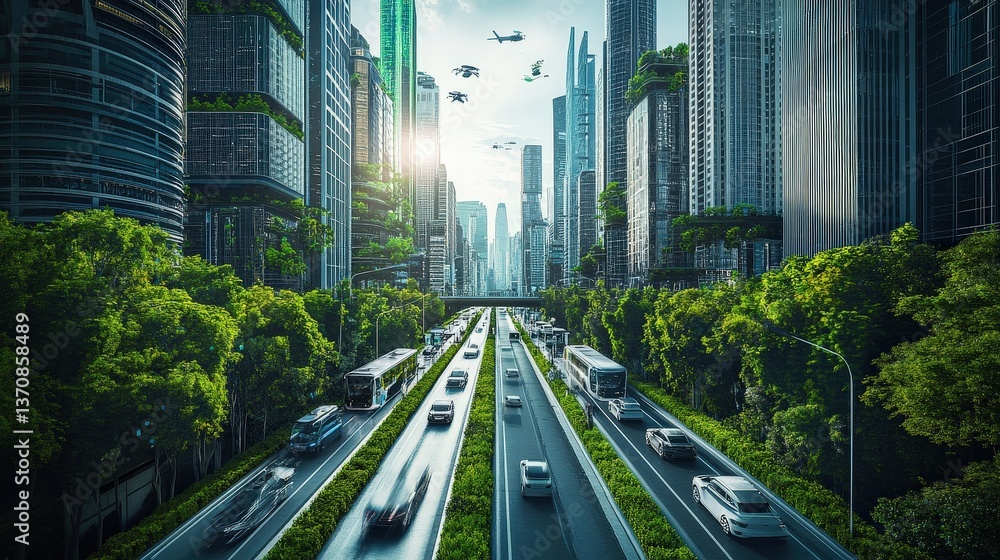 Fototapeta premium Eco-Friendly City: An imaginative depiction of a futuristic city, where towering skyscrapers blend seamlessly with lush greenery.