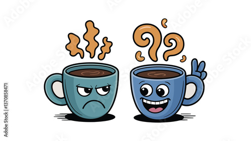 Coffee Emotions: A comical portrayal of coffee cups, one expressing displeasure and the other radiating happiness, offering a whimsical twist on caffeine consumption.