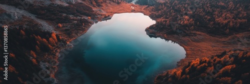 Ethereal Alpine Wilderness Aerial Drone Capture of Turquoise Mountain Lake - Climate-Conscious Eco-Tourism Landscape Revealing Earths Pristine Sustainable Sanctuary